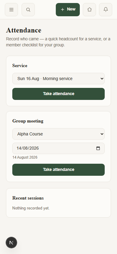 The mobile attendance screen, with separate controls for a Sunday service and a group meeting.