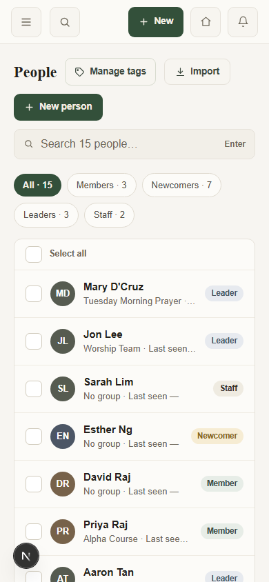 ChapelHQ's mobile people directory showing searchable records, member and newcomer filters, and the first fictional names in the list.
