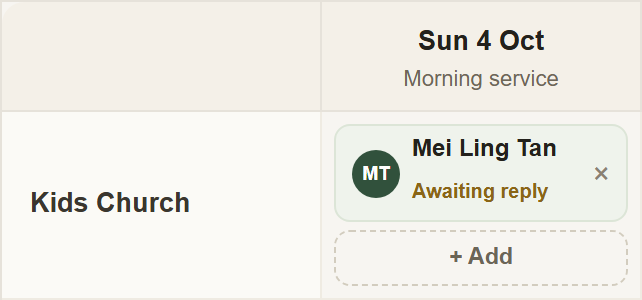 ChapelHQ office rota showing Mei Ling Tan assigned to Kids Church on Sunday 4 October, awaiting reply.